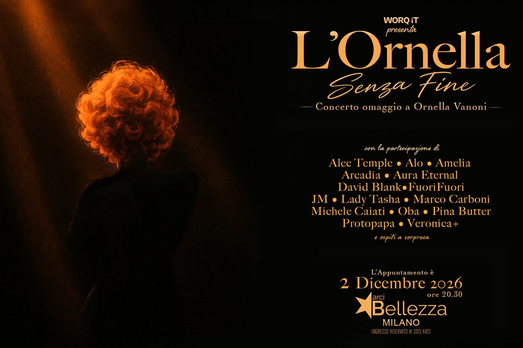 Locandina di L'Ornella – Senza Fine, concerto omaggio a Ornella Vanoni, 2 dicembre 2026, Arci Bellezza