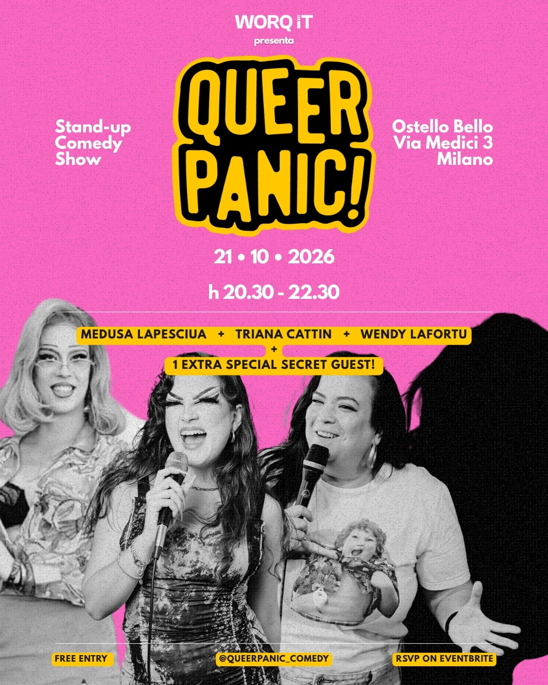 Locandina di QUEER PANIC! all'Ostello Bello di Milano, 21 ottobre 2026, con Medusa La Pesciua, Triana Cattin e Wendy Lafortu